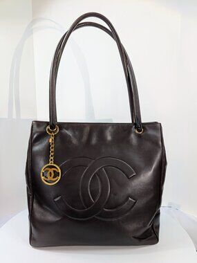 Chanel Vintage Dark Brown Chestnut Lambskin Stitched CC Tote with 24k Charm